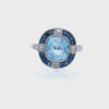 Art Deco style Platinum Ring with Aquamarine, Blue Sapphires and Diamonds