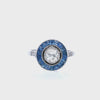 Art Deco Style Platinum Target Ring with Diamonds and Blue Sapphires